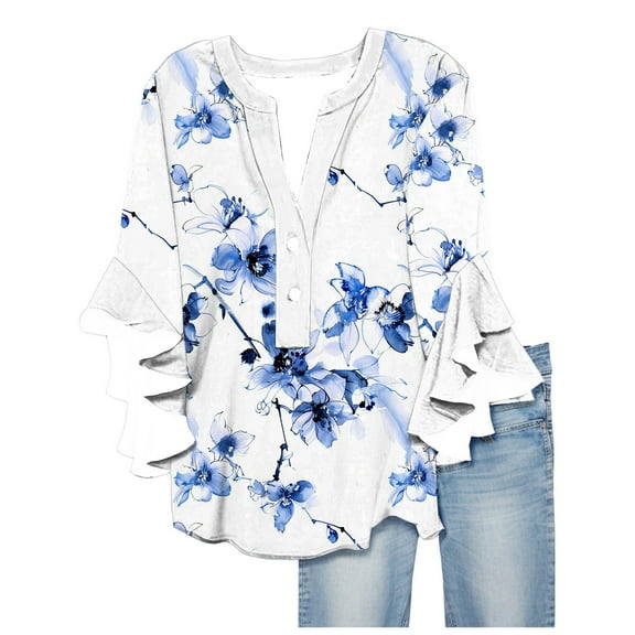 White Tops for Women Button V Neck Ruffle Sleeve Shirts, Plus Size Causal 3/4 Sleeve Tops for Women, Floral Printed Summer Beach Holiday Blouses Multicolor