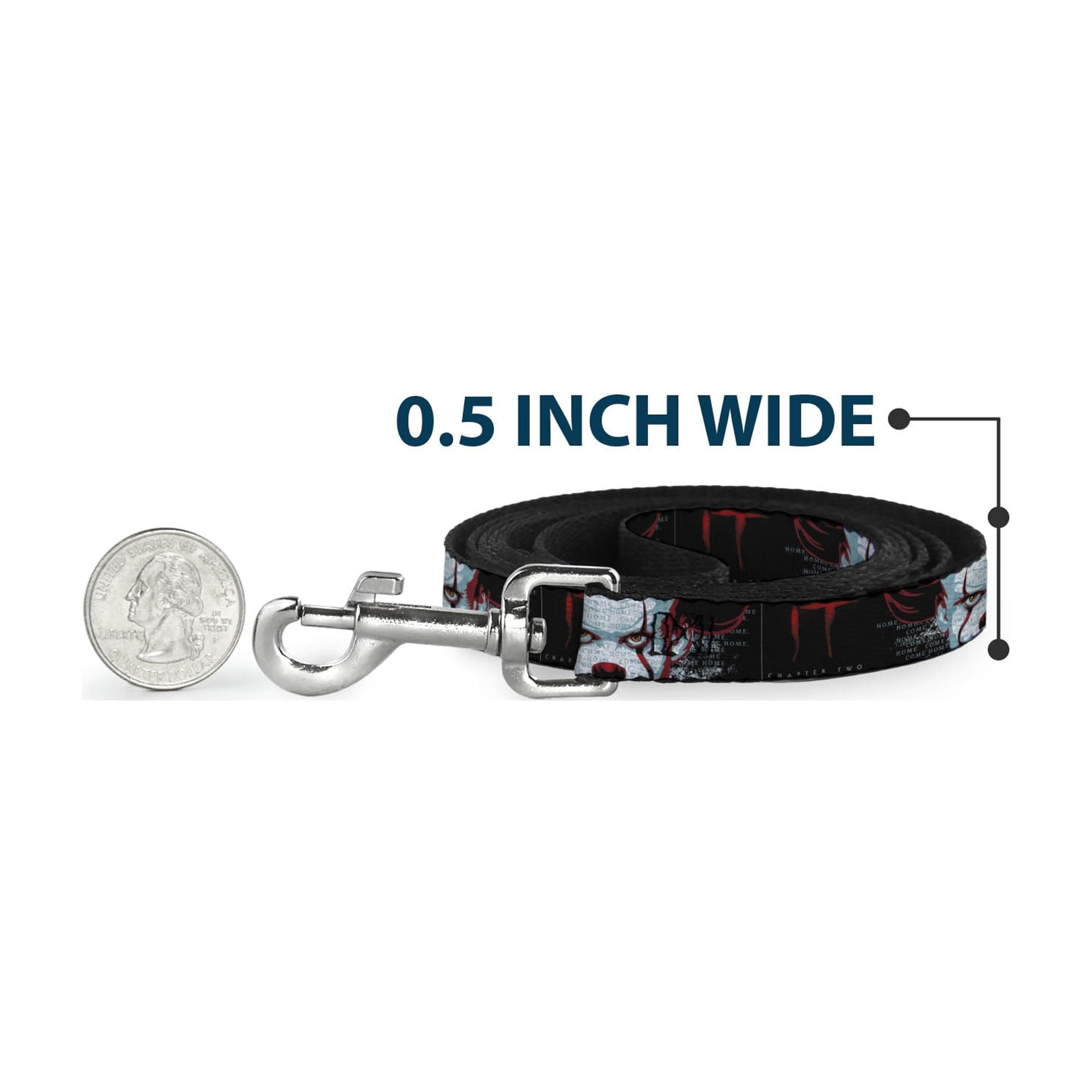 Warner Bros. Horror Movies Pet Leash, Dog Leash, It Chapter Two Pennywise Face Close Up Black Red Blues, 6 Feet Long 1.0 Inch Wide