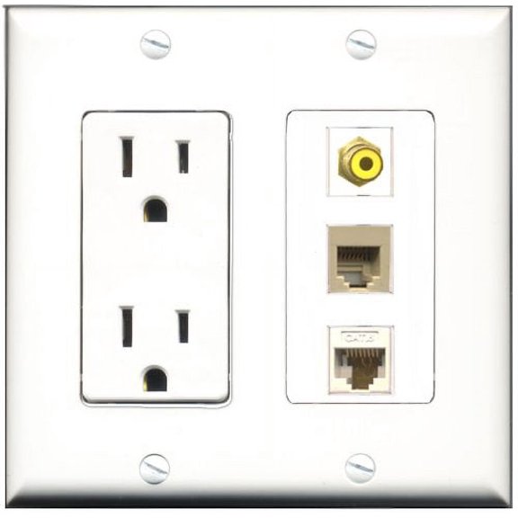 RiteAV - 15 Amp Power Outlet 1 Port RCA Yellow 1 Port Phone Beige 1 Port Cat6 Ethernet Ethernet White Decorative Wall Plate