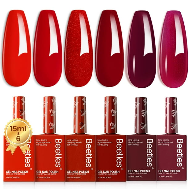 Set de esmaltes de uñas con forma de escarabajos, color rojo, 6 colores, 15 ml