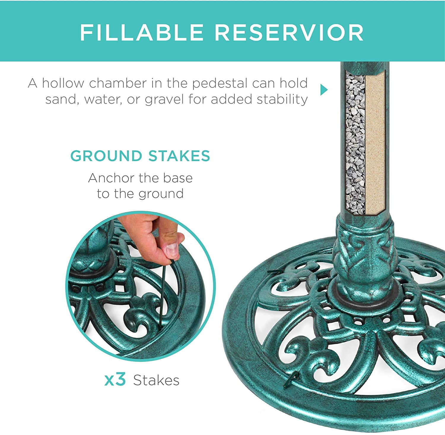 NIUMU  28in Pedestal Bird Bath, Vintage Outdoor Resin Accent Decoration w/Fleur-de-Lis Accents - Green