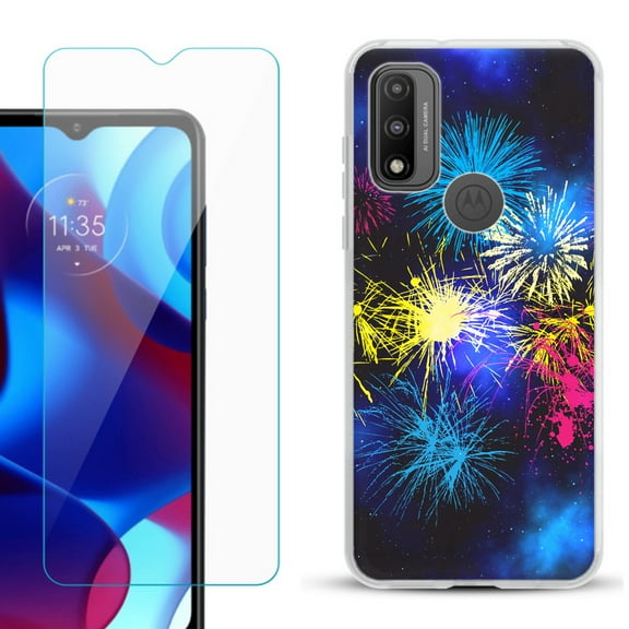 Slim-Fit Gel TPU Phone Case for Motorola Moto G Pure, with Tempered Glass Screen Protector, by OneToughShield ® - Fireworks