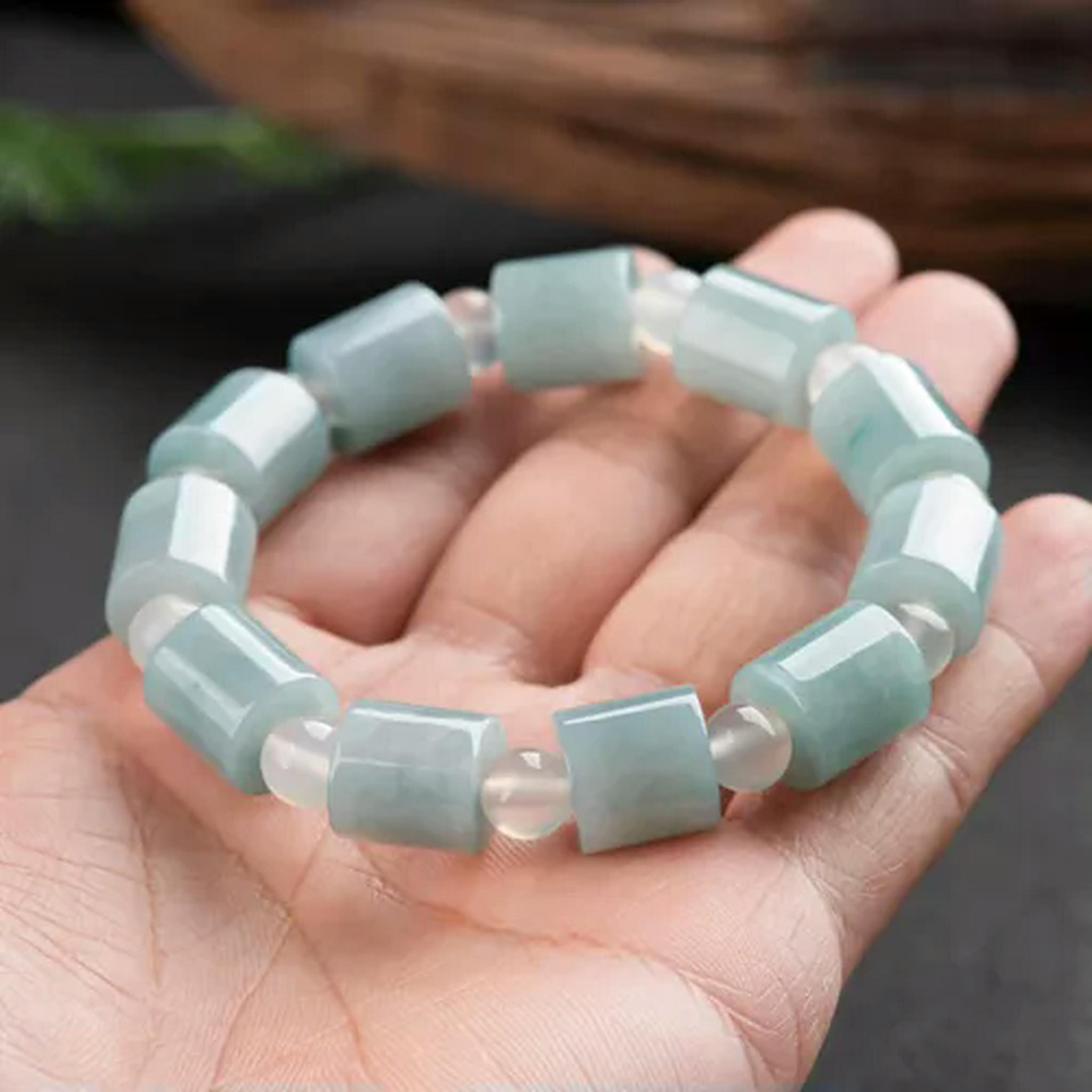 EOEMY Natural Grade A Jade Jadeite Women Men Lucky Column Round Beaded Bracelet