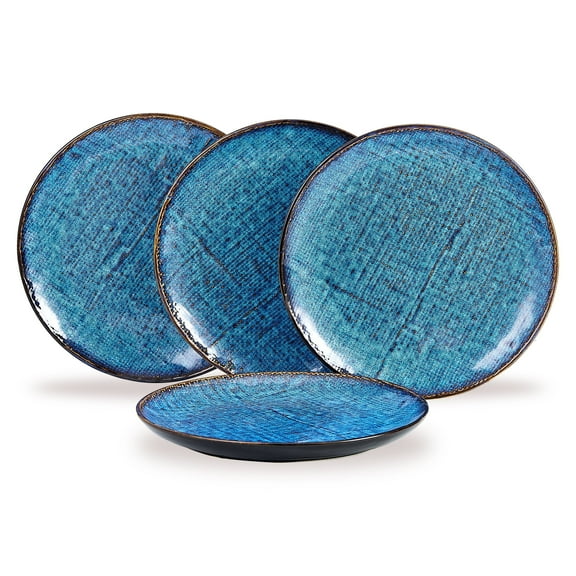 TAUFIKT 4pcs 10 Inch Denim Blue Fabric Pattern Round Shallow Plate