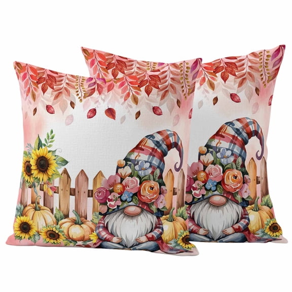 Pink Gnomes Fall Outdoor Waterproof Pillow Covers, Thanksgiving Pumpkin Sunflower Eucalyptus Decorative Square Throw Pillowcase Sofa Cushion Sham for Patio/Couch/Chair, 24"x24" 2 Pack