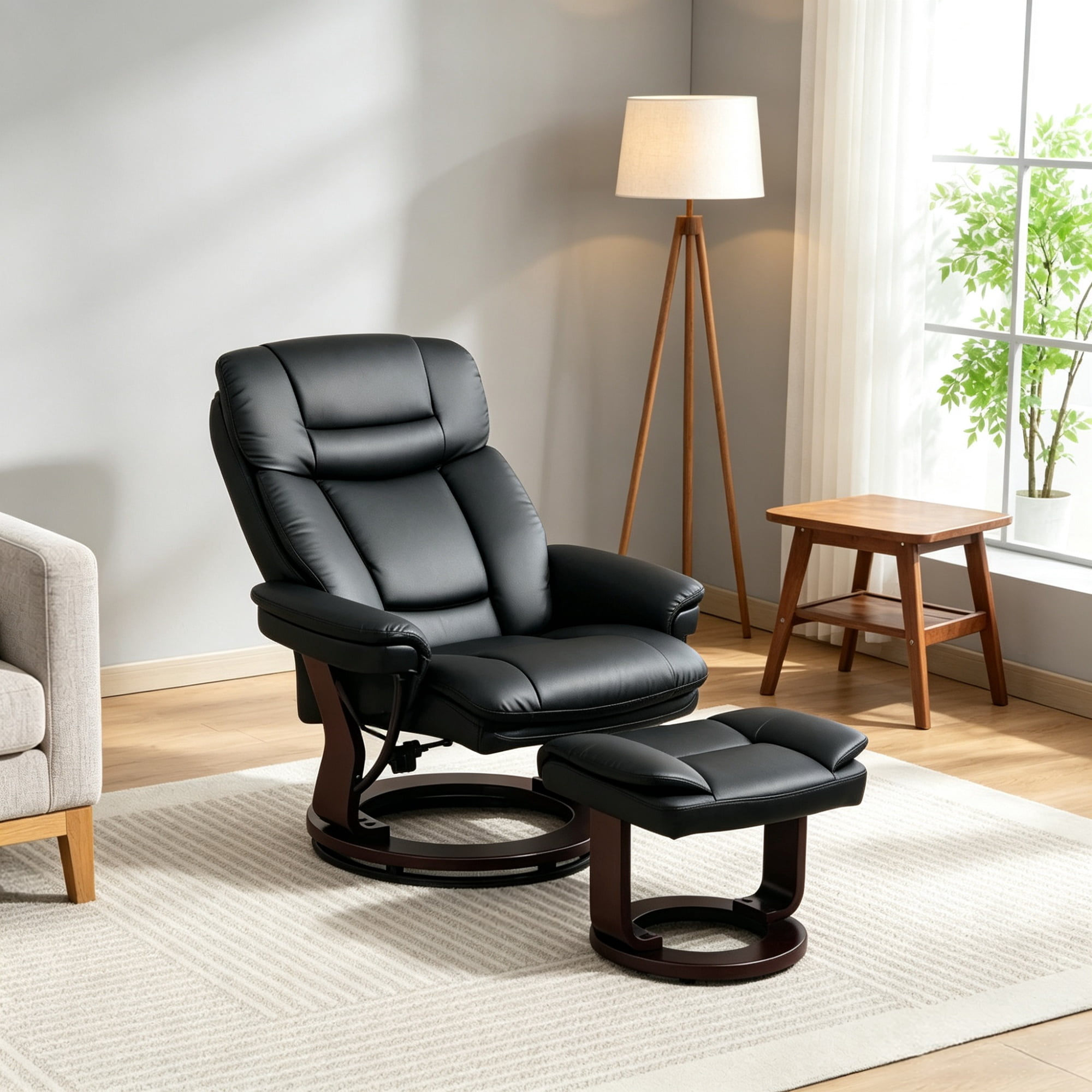 PU Leather Swivel Recliner with Footrest, Black