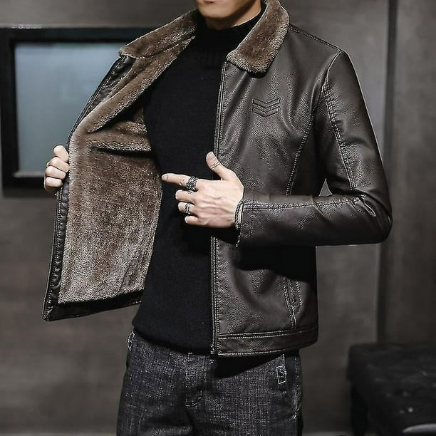 Nueva chaqueta gruesa de cuero para hombre chaqueta de invierno y otono para hombre abrigo calido a prueba de viento con cuello de piel sintetica a la moda ropa masculina Walmart