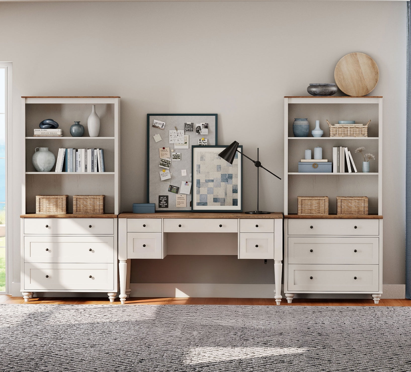 Home Office Furniture Set, 56" Executive Desk with Charging Station, 72" Tall Bookcase with 6 Drawers, Wood Computer Desk with File Cabinet Storage, Open Shelf, White