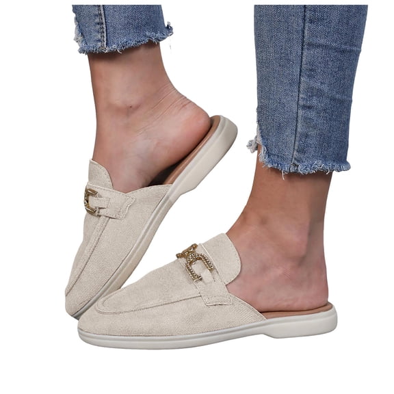 Mule Sandals for Women Rhinestone Chain Suede Slides Loafers Closed Round Toe Casual Summer Slip on Walking Shoes White Size 6.5