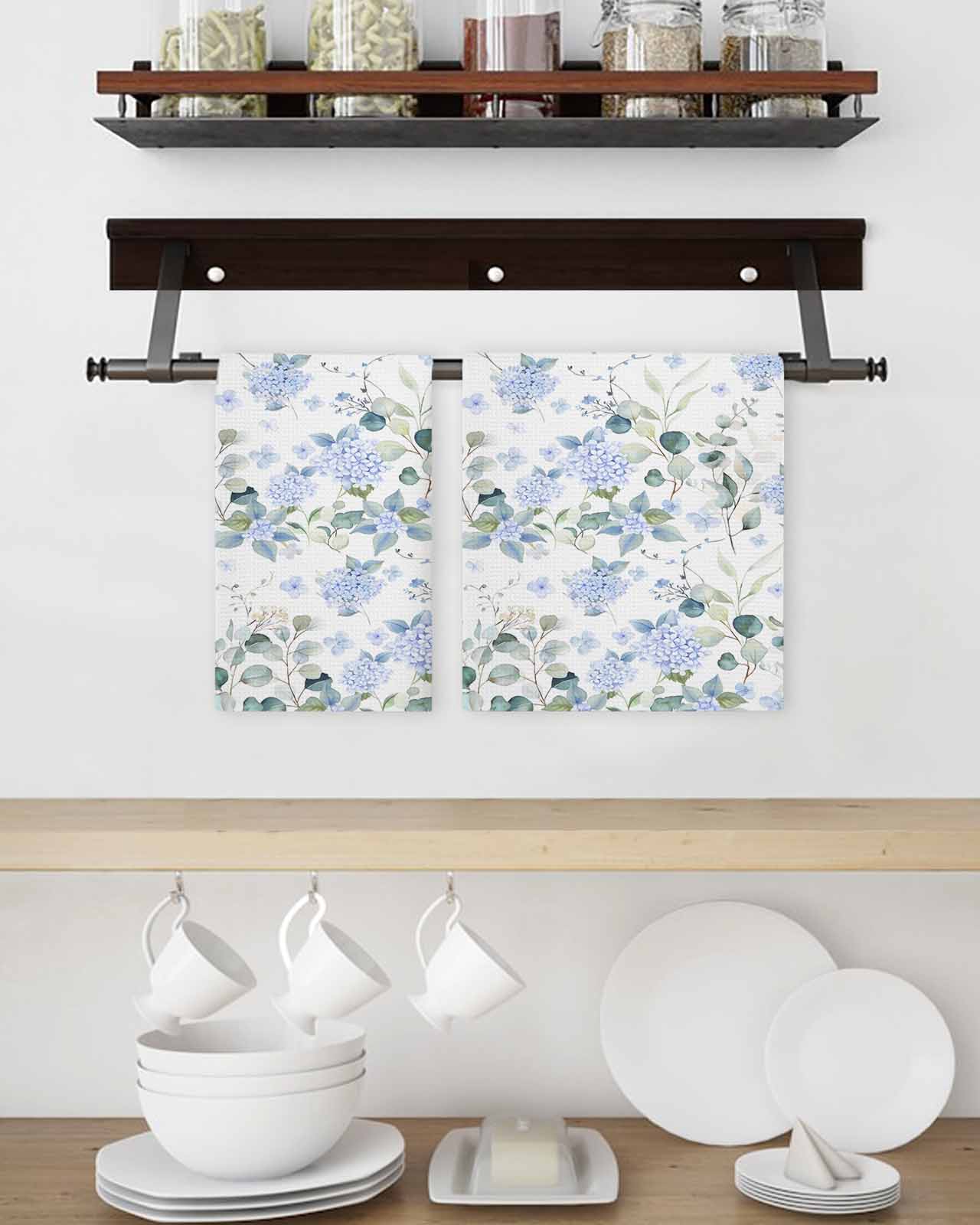 Blue Flower Kitchen Dish Towels for Drying Dishes Set of 3, Sage Green Eucalyptus Leaf Farmhouse Country Waffle Weave Microfiber Terry Hand Tea Bathroom Towels Quick Dry & Absorbent Towel 15.7x23.6