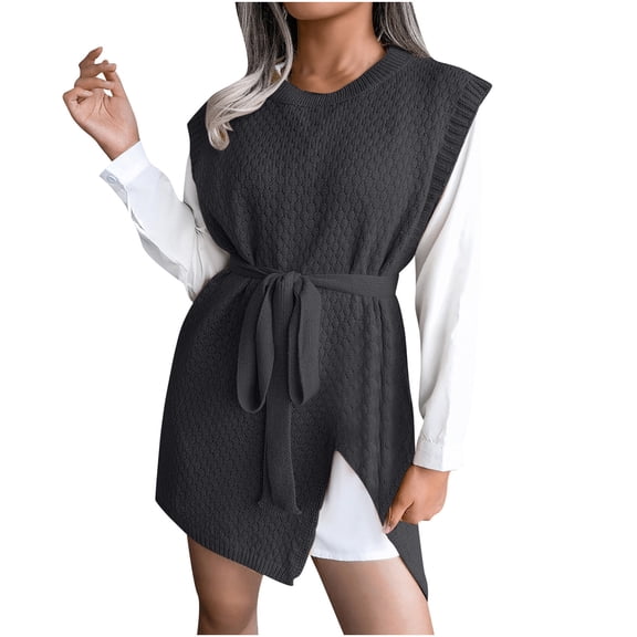 IROINNID Women's Sleeveless Solid Color Empire Dress Fashion Casual Straps Vest Sweater Knitting Dress Round Neckline Knee-Length Dress