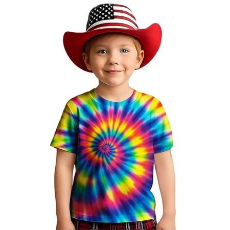 Tisuna Little Boys Shirts Tie Dye Print Short Sleeve Crew Neck Tops Loose Soft Summer Child Pullover Clothes Sky Blue Size 6-7 Years