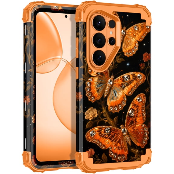 CASEFIV for Samsung Galaxy S26 Ultra Case,Glow in The Dark,Shockproof Protection Hard PC Soft Flexible TPU Bumper Drop Protective Protective Phone Cover Case for Galaxy S26 Ultra,Orange Butterfly