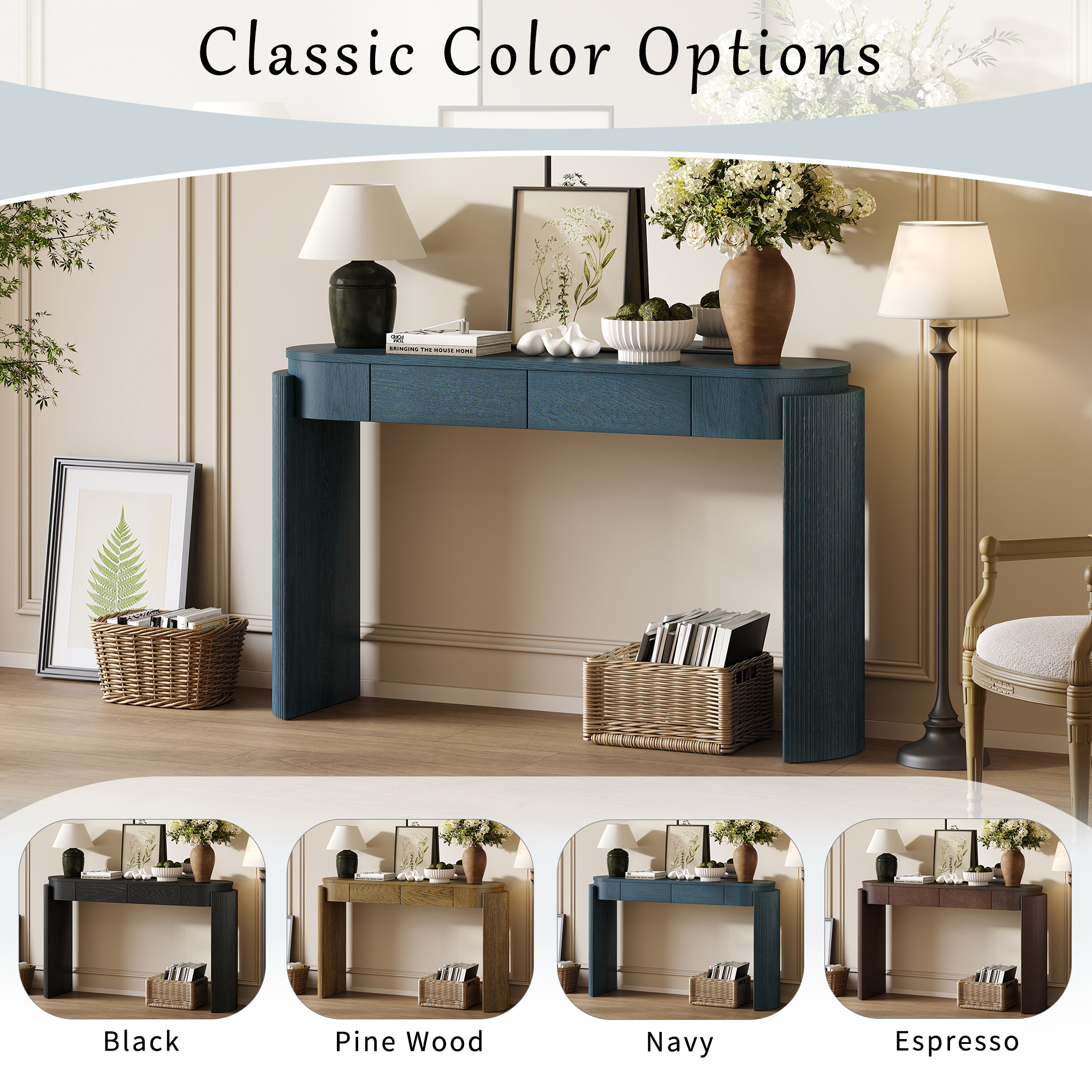 EUROCO 55" Entryway Table with Oval Top and 2 Drawers,Wood Console Table Sofa Table with Fluted Design for Living Room,Navy