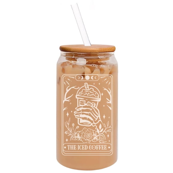 16oz Can Shaped Glass Iced Coffee Cup with Bamboo Lid and Straw Gift Tarot The Iced Coffee Skeleton Funny