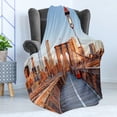 thumbnail image 4 of City Soft Flannel Fleece Throw Blanket, New York Skyline Closeup Brooklyn Bridge in Manhattan over River, Cozy Plush for Indoor and Outdoor Use, 70" x 90", Orange Pale Blue Grey, by Ambesonne, 4 of 5