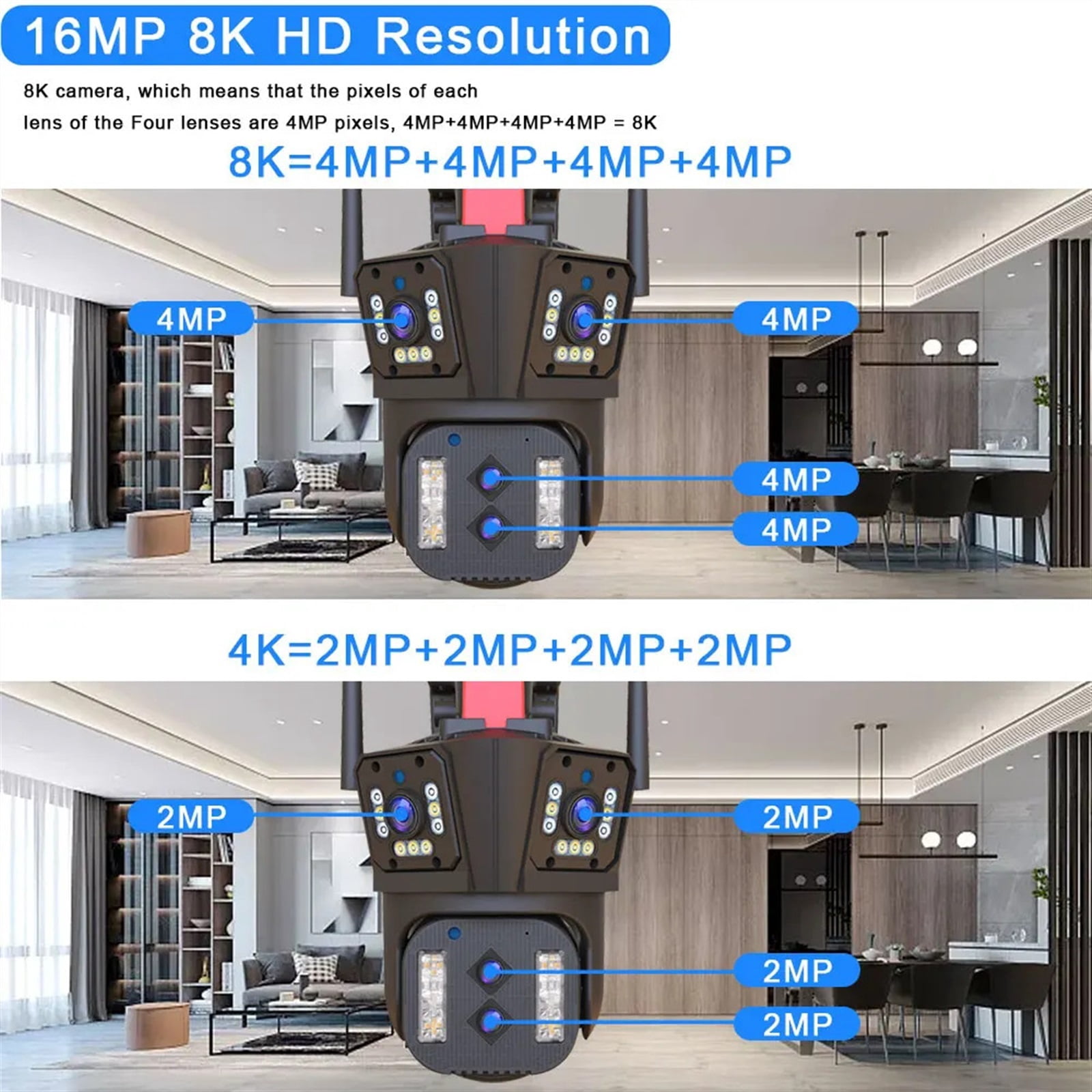 Security Camera, 8K 16MP IP Camera PTZ Four Lens With Three Screens 10x Zoom Outdoor CCTV 4K 8MP Wireless Video Security Surveillance Camera HD Night Vision
