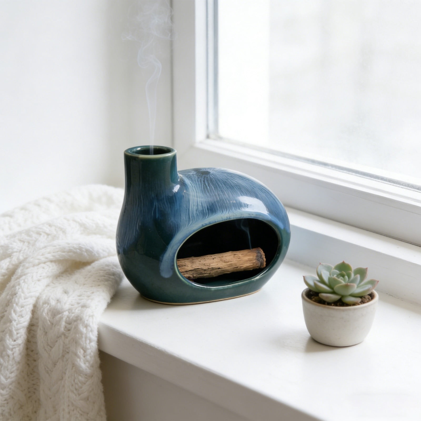 Ceramic Incense Holder with Chimney for Palo Santo, Sticks and Cones – Handcrafted Ash Catcher for Home Room Decor