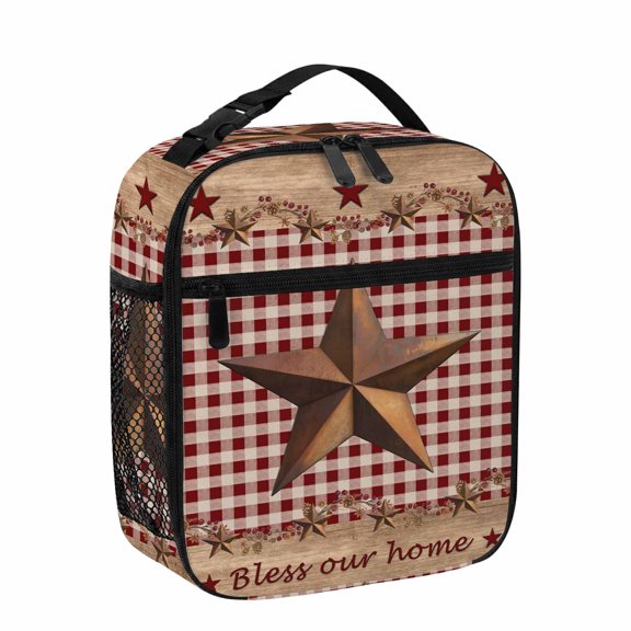 Lunch Bag for Women Men Barn Stars Berry Lunch Box Portable Leakproof Insulated Lunchbox Reusable Cooler Bags Farmhouses Rustic Wood Red Plaid Lunch Bags for Work Office Outdoor Picnic Travel