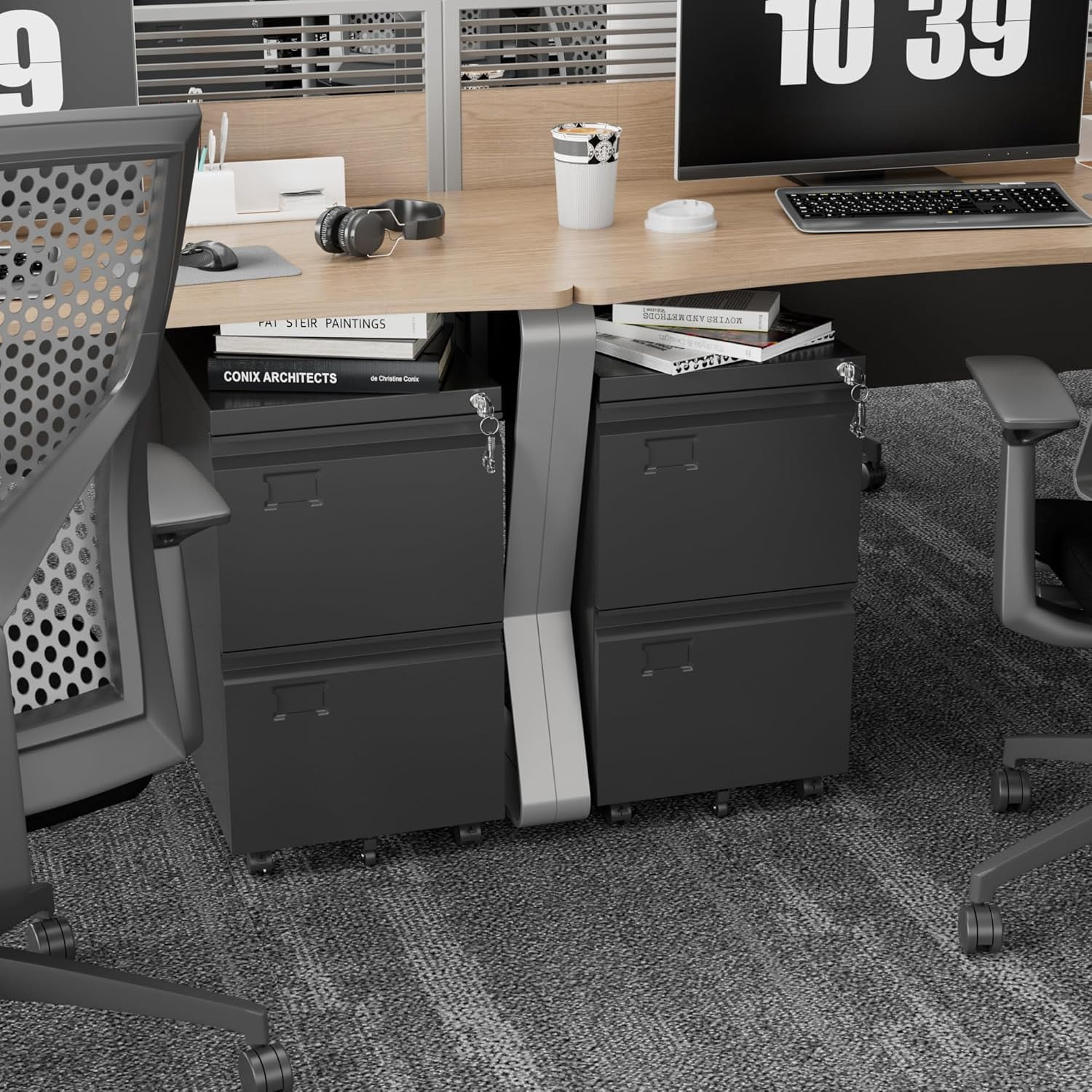 Black Metal 2 Drawer Mobile File Cabinet - 19.69 in Width Under Desk Cabinet for Office Home Legal Letter Size Storage