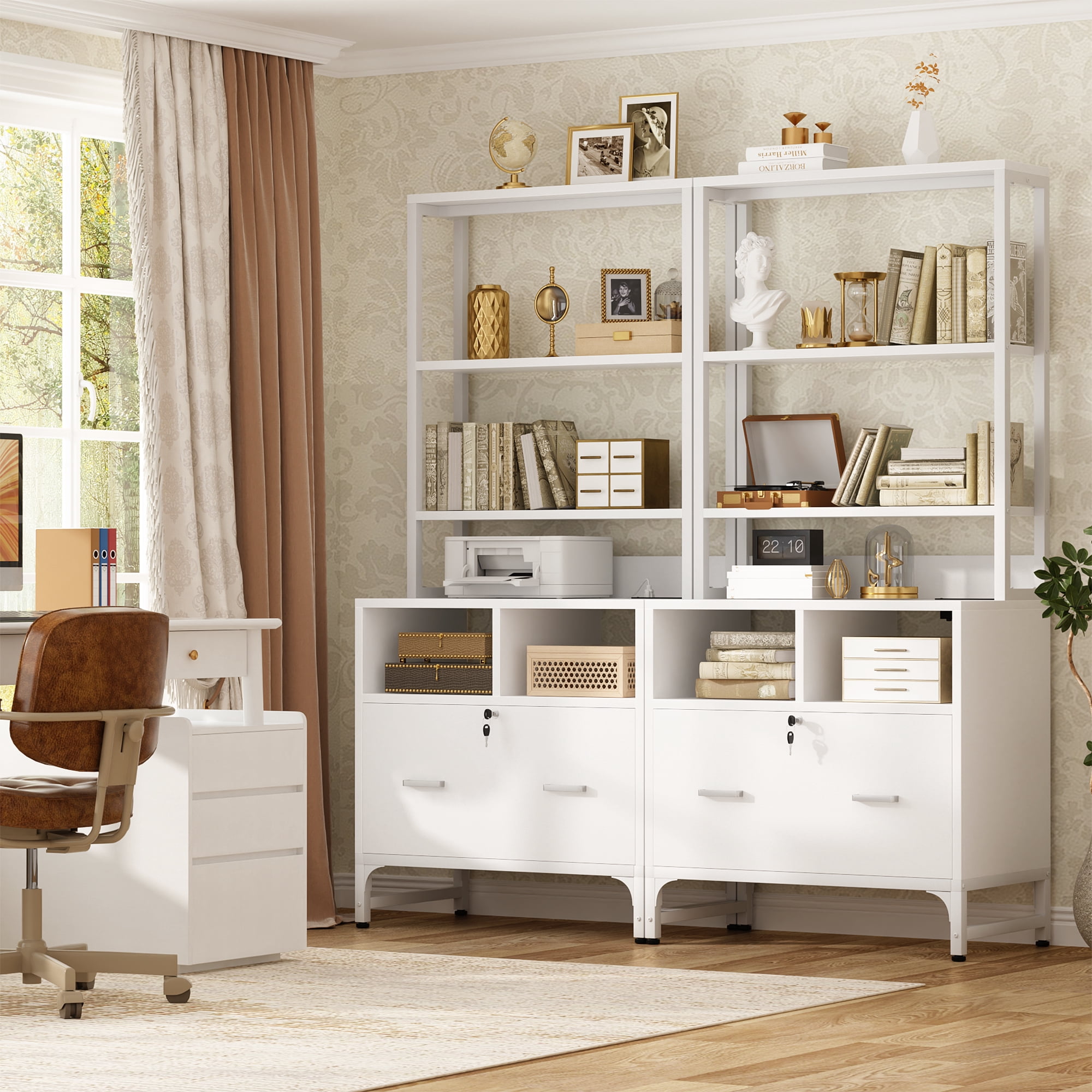 Aheaplus Vertical File Cabinet with Charging Station, Lock & Large Drawer - Printer Stand, Shelves for Letter/A4/Legal,White