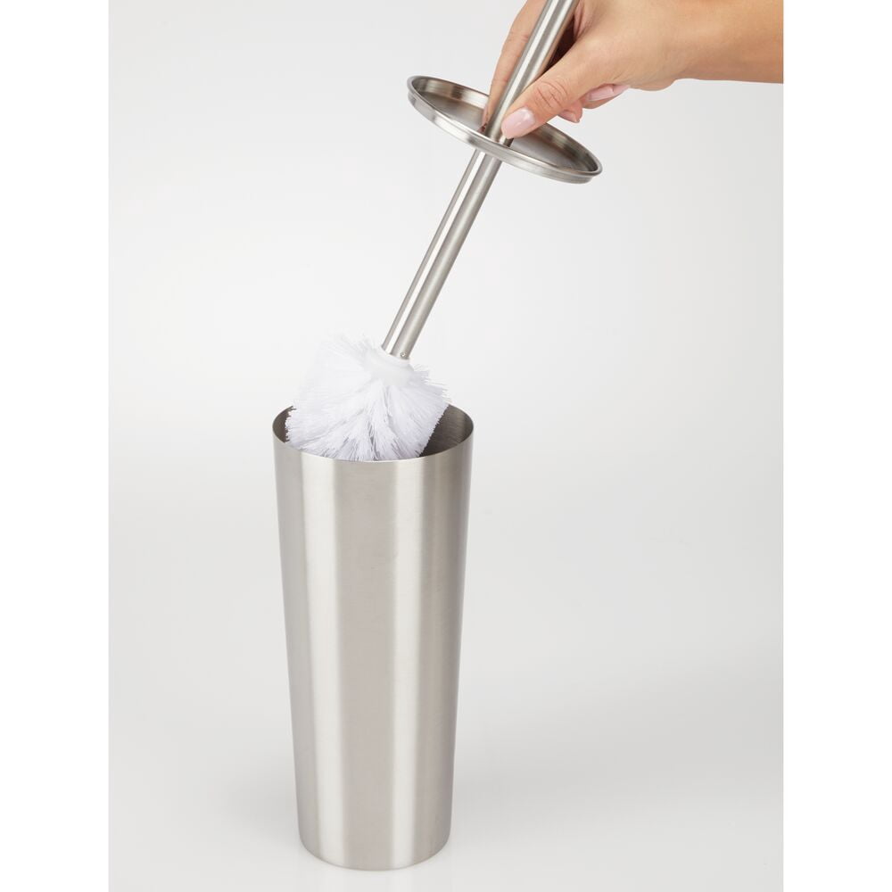 mDesign Steel Toilet Bowl Brush/Holder Combo for Bathroom - Brushed/Chrome