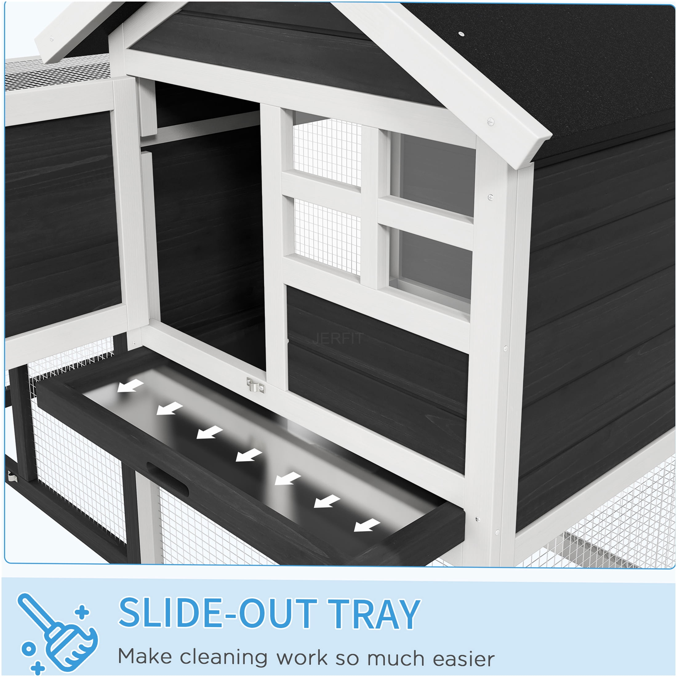 JERFIT 48 Inch Outdoor Rabbit Hutch with Waterproof Roof, Removable Tray & Ramp, Bunny Cage with Open Play Area, Grey and White