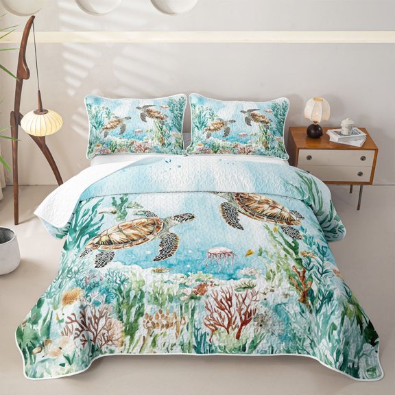 Manfei Cartoon Sea Turtle Twin Quilt Set,Calm Ocean Plant Twin Coverlet Set,Green,2 Pieces