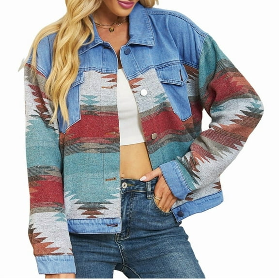 Women'S Washed Colorblock Denim Cropped Top Fashion Lapel Long Sleeve Retro Button Denim Jacket Color S