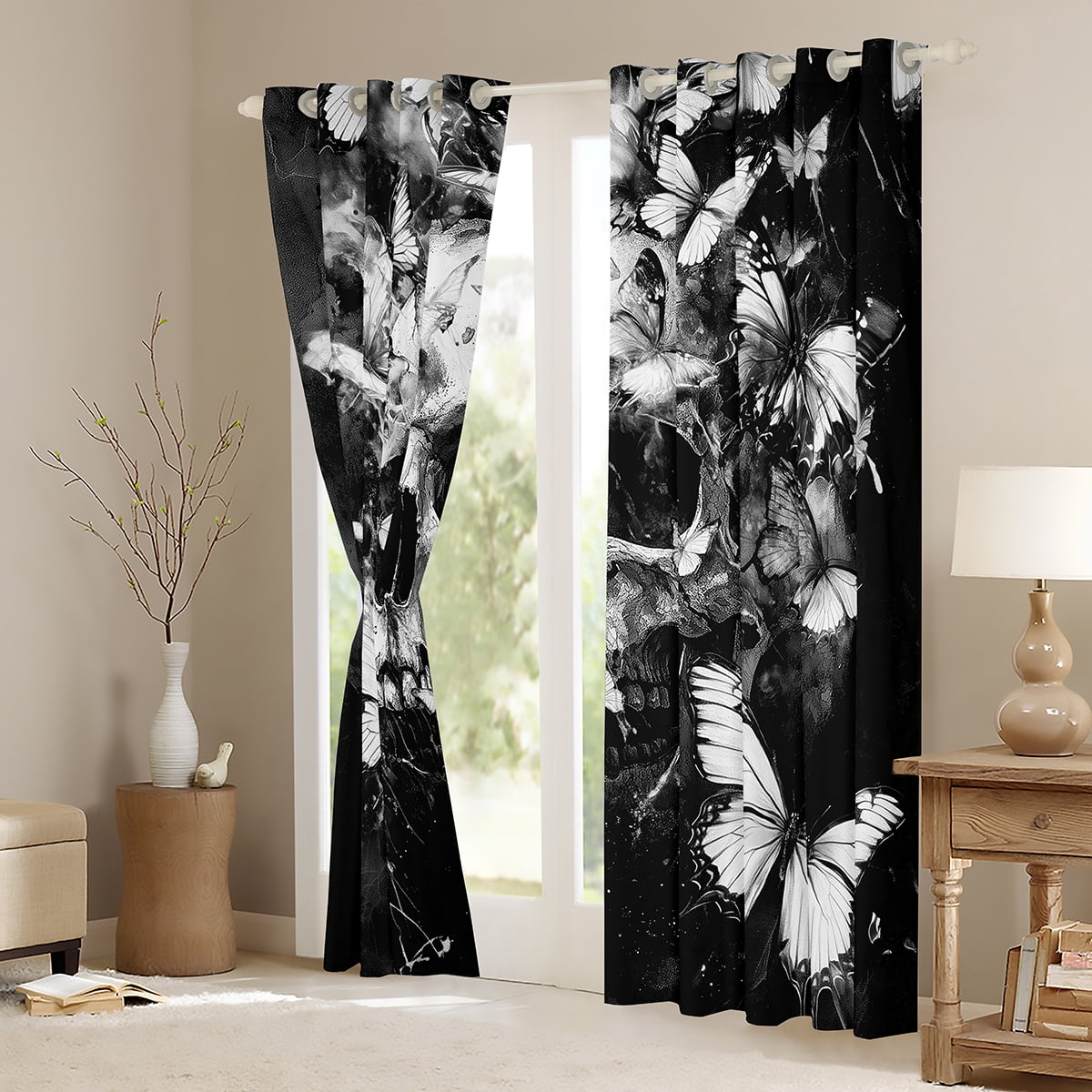 Manfei Gothic Skull Blackout Curtains Set of 2 (52x84 Each),Halloween Skeleton Window Curtains,Gray Butterflies Butterfly Curtains and Drapes For Princess,Super Cozy Room Decor