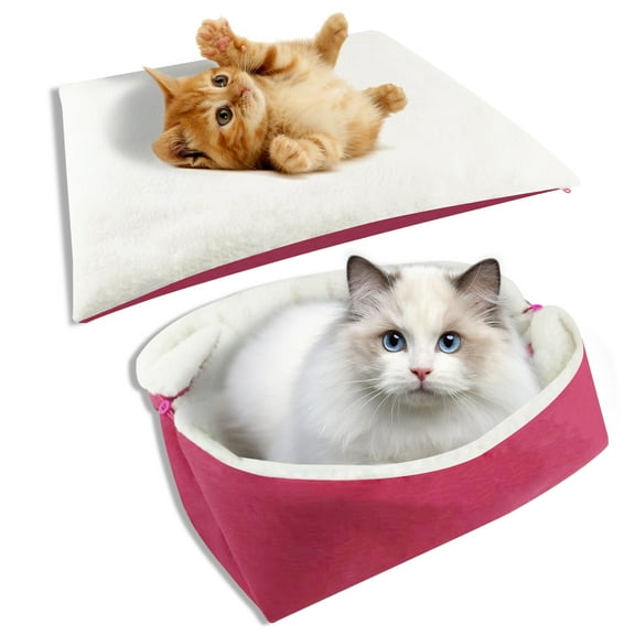 YUNNARL Pet Foldable 2-in-1 Cozy Cat Bed with Removable Cover, Pink