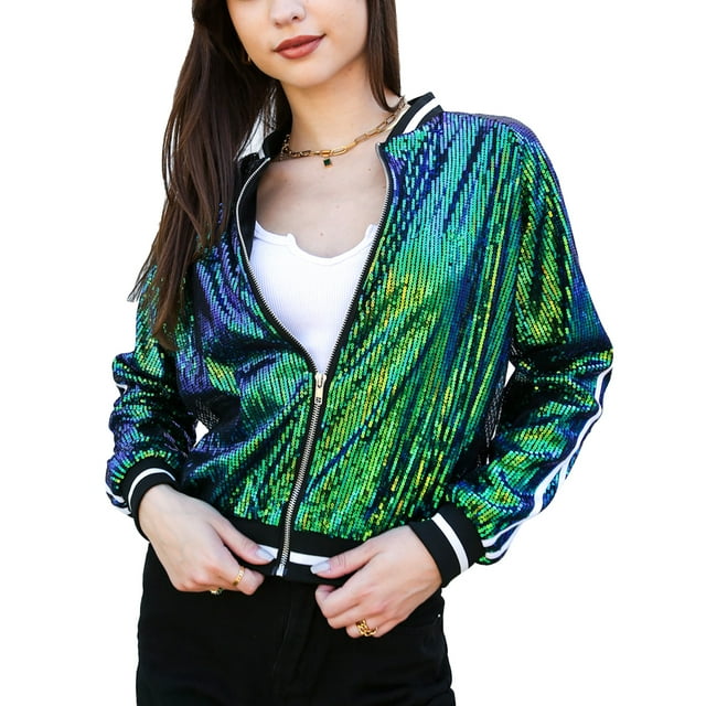Veste Bomber à Paillettes à Rayures à Manches Longues avec Fermeture Éclair Frontale pour Femmes