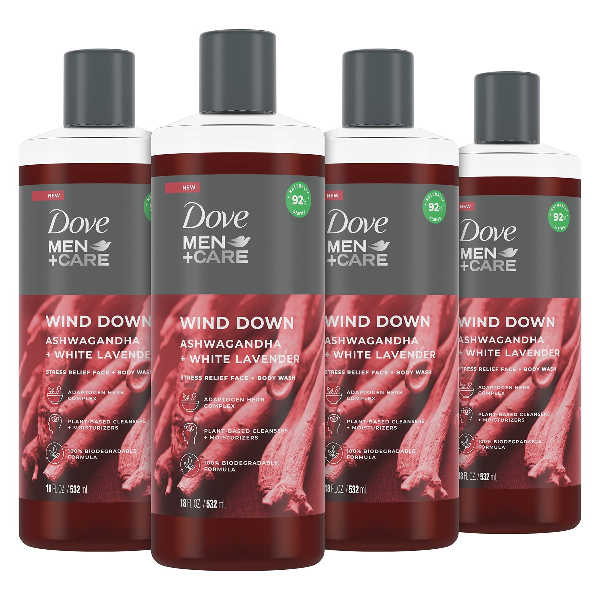 DOVE MEN CARE RE32Face Body Wash For Men Wind Down Ashwagandha White Lavender 18 oz 4 Count