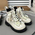 thumbnail image 2 of Girls Combat Boots Elegant Rhinestone Bowtie High Top Leather Ankle Booties Cute Floral Decor Winter Dress Boots 2.5 Big Kid White, 2 of 5