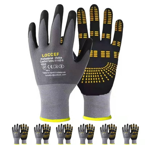 LOCCEF Safety Work Gloves MicroFoam Nitrile Coated-6 Pairs,Endurance Seamless Knit Nylon,Dots on palm,Tacky Dot Grip Gloves