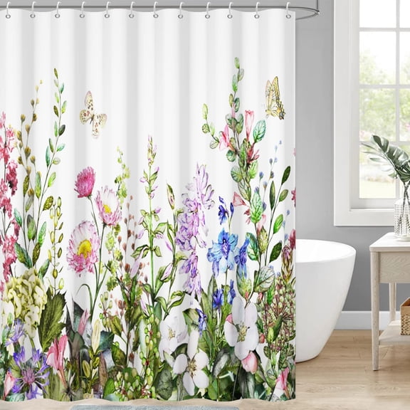 Spring Floral Shower Curtain, Colorful Watercolor Wild Flower Butterfly Plants Bathroom Curtains Rustic Bathtub Decor Machine Washable Waterproof Fabric with Hooks,72" Wx72 L