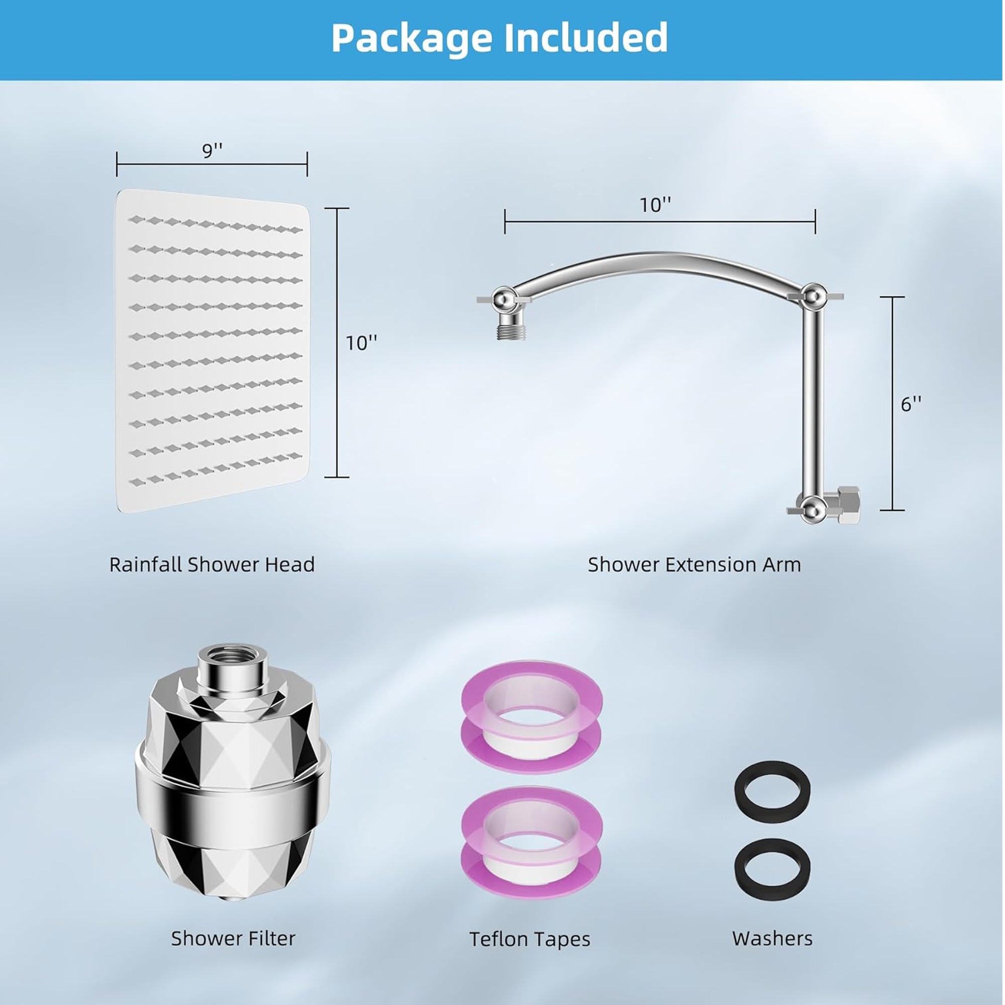 SERABETTO Shower Head,All Metal Rain Filtered, 10'' High Pressure Rainfall Showerhead with 16" Shower Head Extension Arm, 23 Stage Shower Filter, Solid Brass Adjustable Shower Arm Extender, Chrome