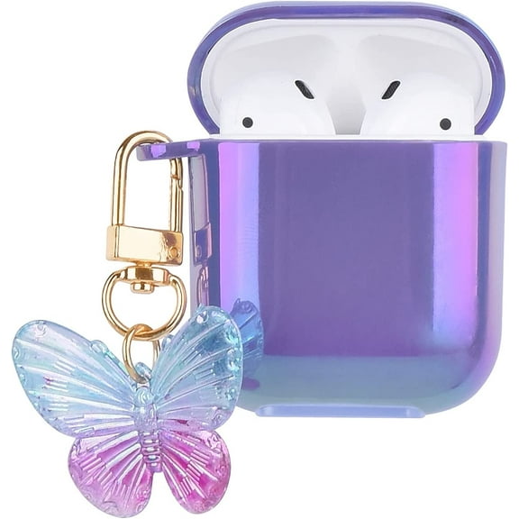 Compatible with AirPods Case Cover,Butterfly Colorful Cute Luxury Plating for AirPod Case with Keychain Soft TPU Protective Case for Women Girls Design for AirPods 1&2 Purple