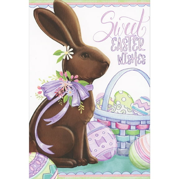 Pictura Sweet Wishes Chocolate Bunny, Purple Ribbon, Flowers and Wicker Basket Easter Card