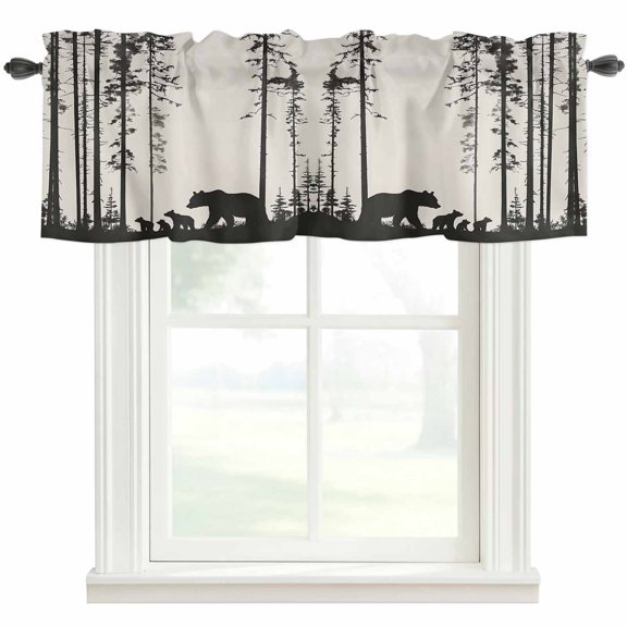 Black Bears Trees Forest Window Valance Curtain Silhouette Art Rod Pocket Short Curtain for Living Room, Bedroom & Kitchen Window Decor 54x18in