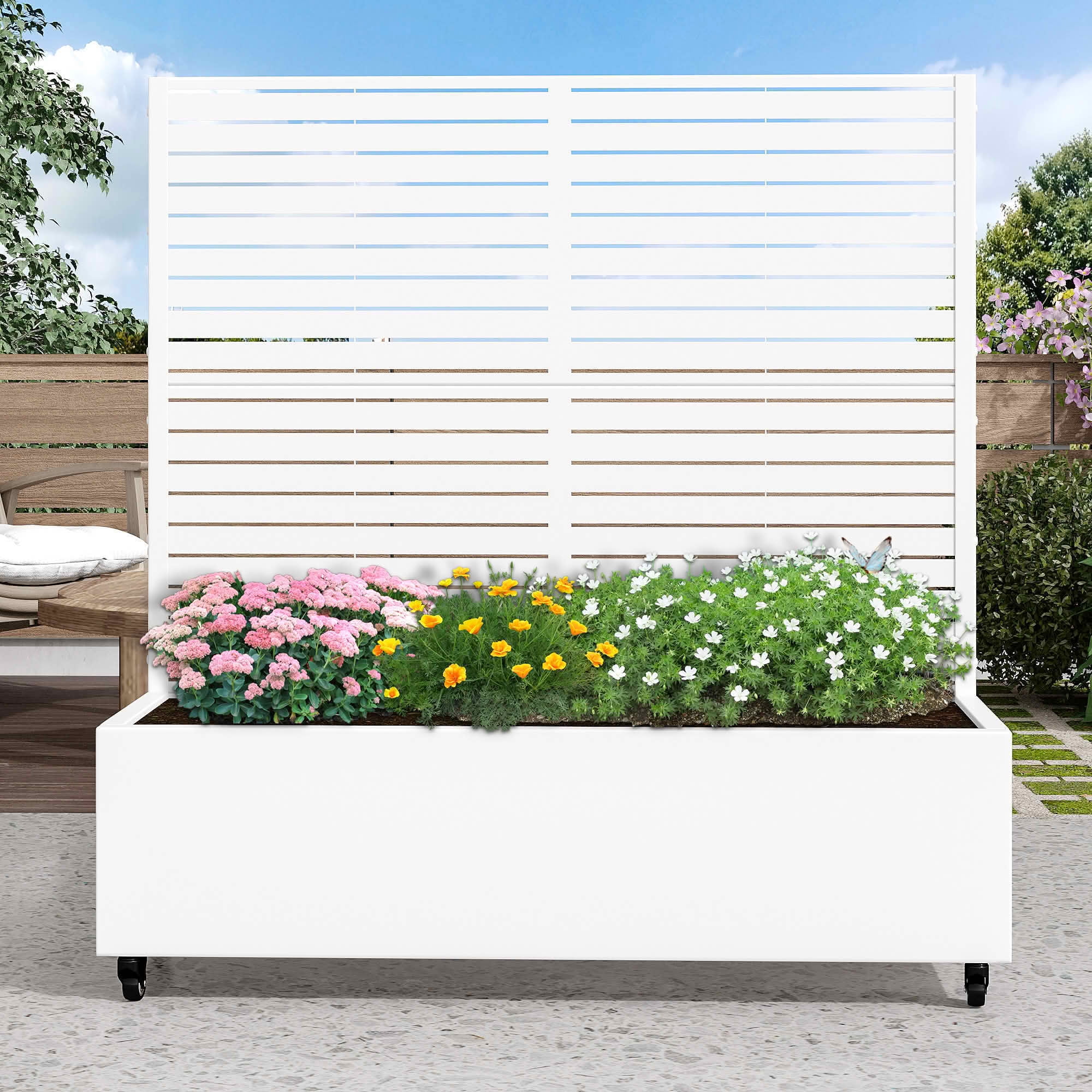 MAYEERTY 47x47x16 Inch White Metal Rectangular Planter Box with Trellis, 3 Piece Set for Outdoor Garden & Patio