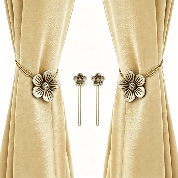 Magnetic Curtain Tiebacks 1 Pair Vintage Resin Flower Window Drapery Holdbacks 19.68 Inch Length Buckle Holders for Home Decor, Coffee