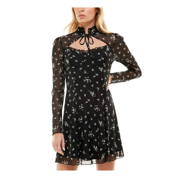 ULTRA FLIRT Womens Black Ruffled Cutout Lined Floral Long Sleeve Tie Neck Short Fit   Flare Dress XS