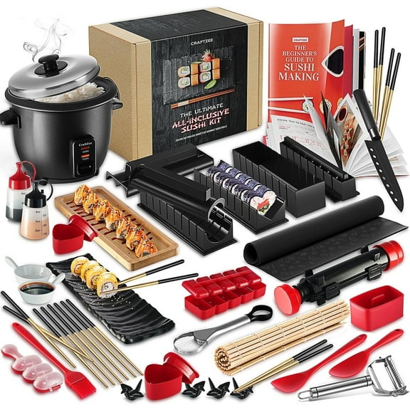 CraftZee Super Deluxe Sushi Making Kit - 42Pcs DIY Sushi Maker Kit with Rice Cooker, Sushi Bazooka Roller, Nigiri & Musubi Mold, Knife, Bamboo Rolling Mat, Spreader, Chopsticks & More