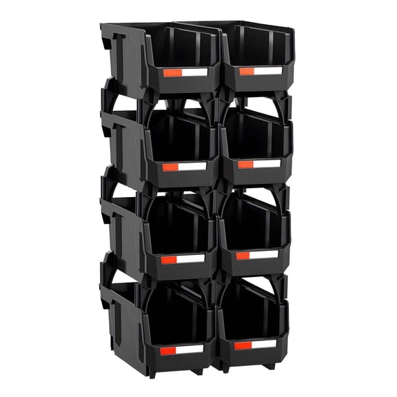 Plastic Stackable Bins - 10.9 x 5.5 x 5.1 inch (8 Pack) - Organizing Containers for Closet, Garage, Small Parts, Office - Black