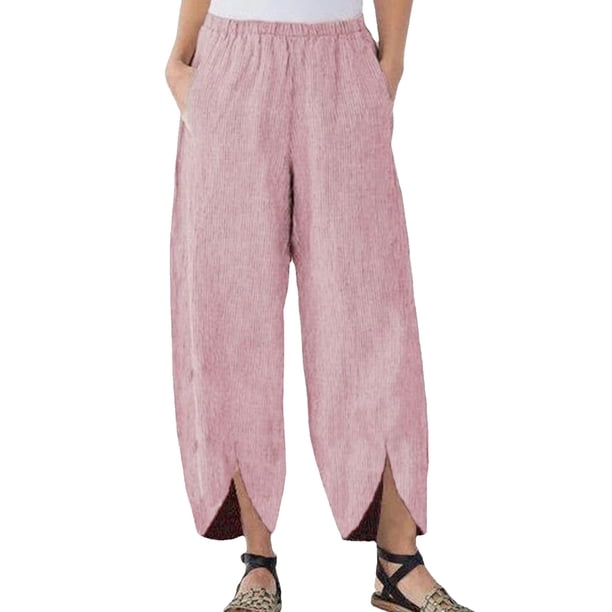 Gibobby pantalones holgados mujer Pantalones sueltos casuales de color sólido para mujer Pantalones rectos Pantalones de pana con bolsillo ancho bifurcado (Rosa, M)