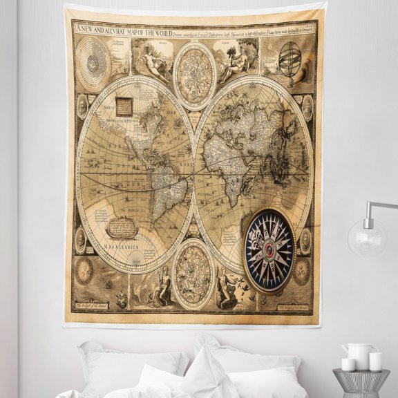 Wanderlust Tapestry, Old Map 1626 a New and Accurate Map of World Historical Manuscript, Fabric Wall Hanging Decor for Bedroom Living Room Dorm, 5 Sizes, Pale Brown Black Brown, by Ambesonne