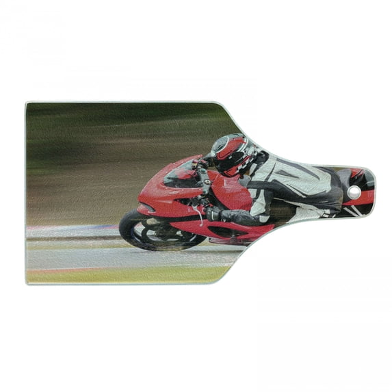 Teen Room Cutting Board, Racing Motorcycle Athlete in Speed Turning on the Road Activity Colorful Picture, Tempered Glass Cutting and Serving Board, Wine Bottle Shape, Multicolor, by Ambesonne