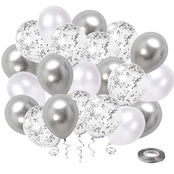 Juego de globos de fiesta cromados metálicos plateados con cinta plateada para decoraciones de boda, cumpleaños, Baby Shower
