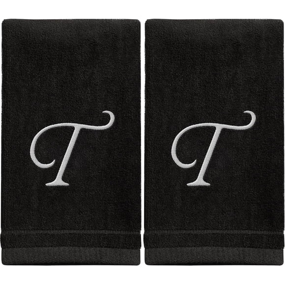 Monogrammed Towels Fingertip, Personalized Gift, 11 x 18 Inches - Set of 2 White Embroidered Towel - Extra Absorbent 100% Cotton - Soft Velour Finish - For Bathroom/ Kitchen/ Spa - Initial T (Black)